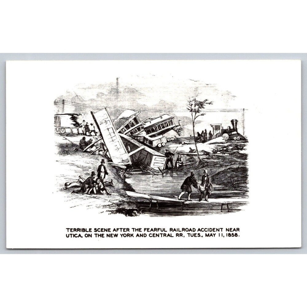 Vintage Train Accident Disaster Postcard Utica NY May 11 1858 Engraving Drawing